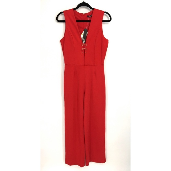 XOXO Pants - Xoxo Red V Neck Sleeveless Jumpsuit